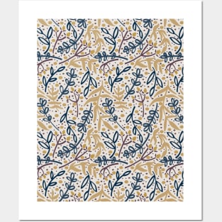 Botanicals and Dots - Hand Drawn Design - Navy Blue, Yellow, Brown, and Cream White Posters and Art